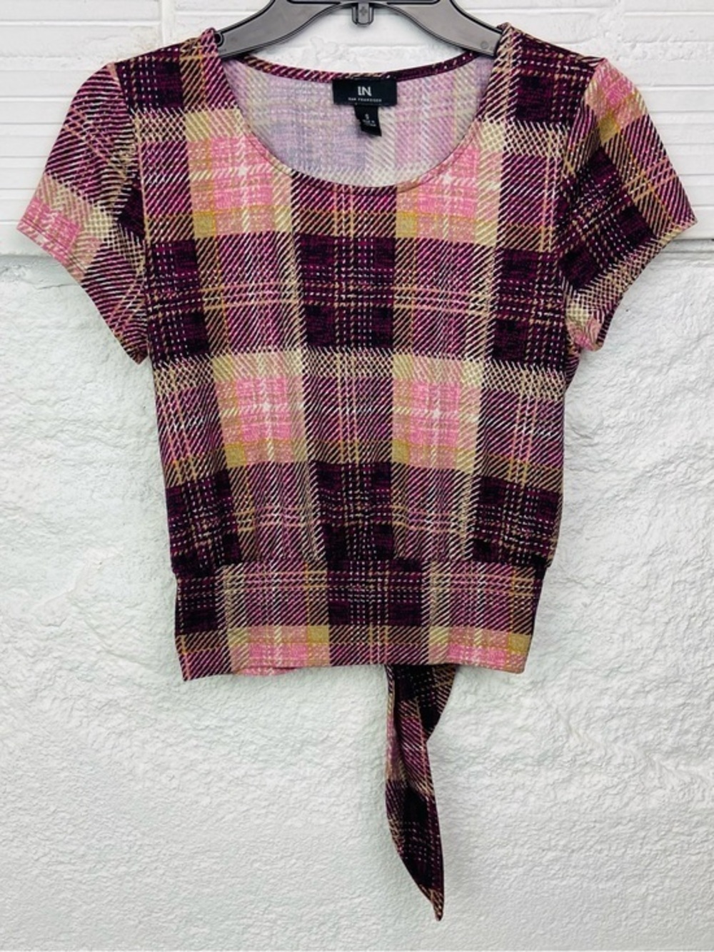I.N. San Francisco Pink & Purple Plaid Tie-Front Short Sleeve Top size small